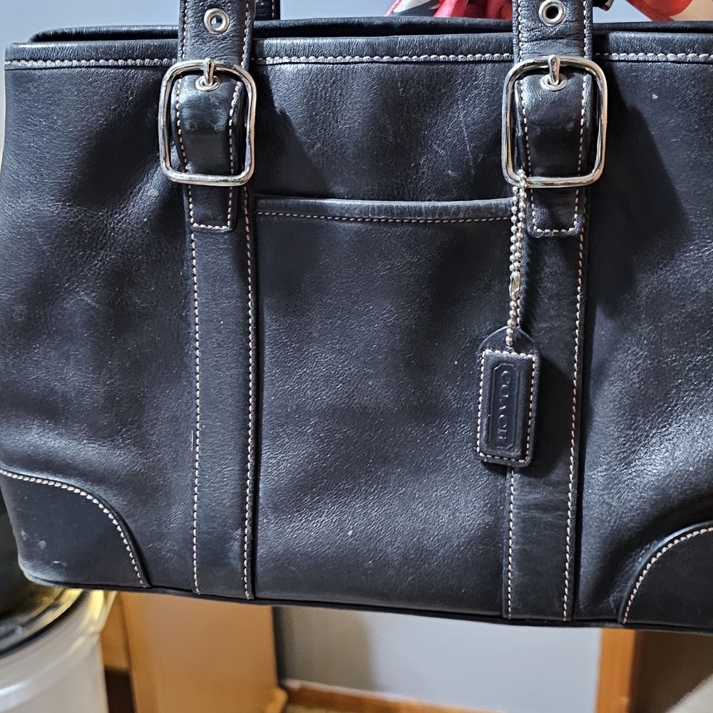 Coach Black Leather Satchel with White Contrast Stitching